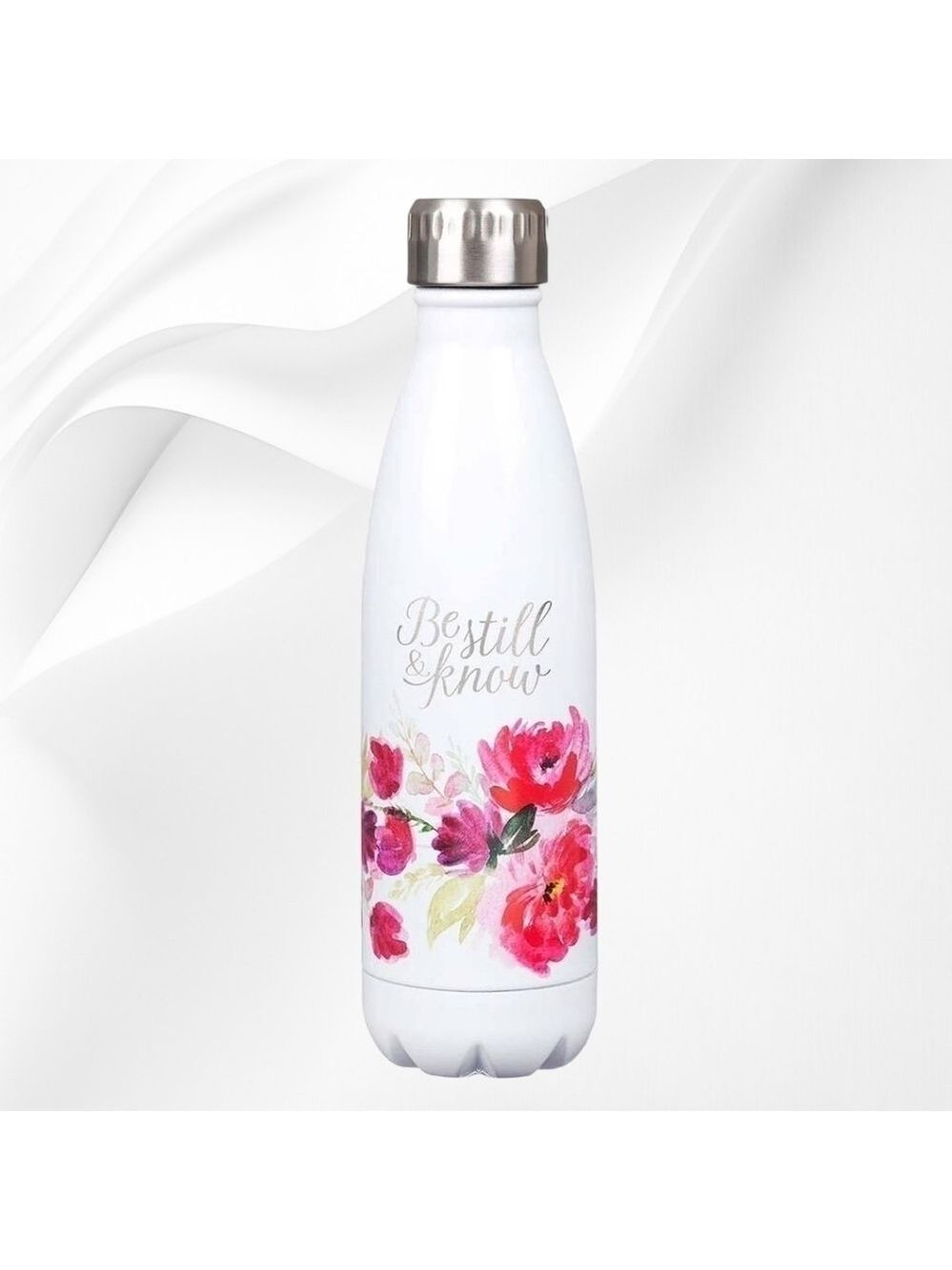 Be Still & Know White Floral Stainless Steel Water Bottle - Psalm 46:10